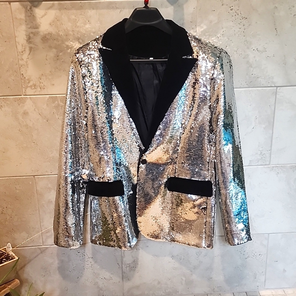 Silver Sequence Mens One Button Jacket Large Coof… - image 1